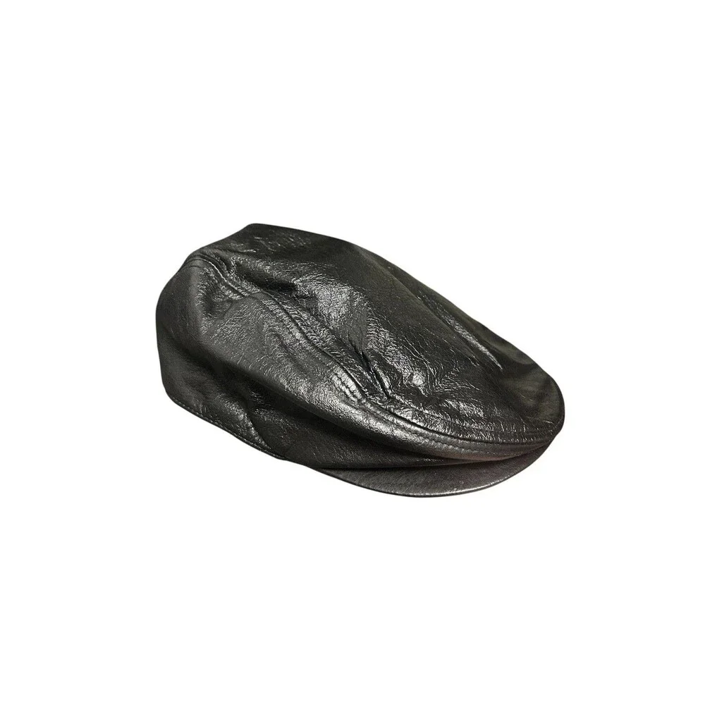 Vintage Black Genuine Leather Newsboy Cap Cabbie Snap Front Medium Korea MINT